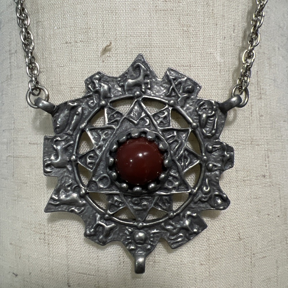 RARE Vintage MARK HEISTER Zodiac Calendar Pewter‎ Pendant on Chain Necklace 1975
